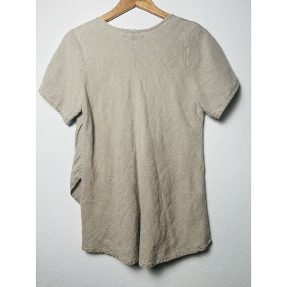 Flax 100% Linen Asymmetrical Layered Top Sz M Beige Short Sleeve Lagenlook Boho - Picture 7 of 8